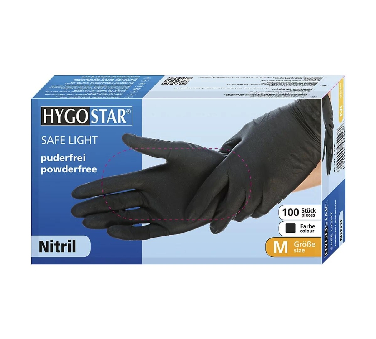 Čierna nitrilová rukavica v ruke na obale, vedľa krabice Hygostar Safe Light, veľkosť M.